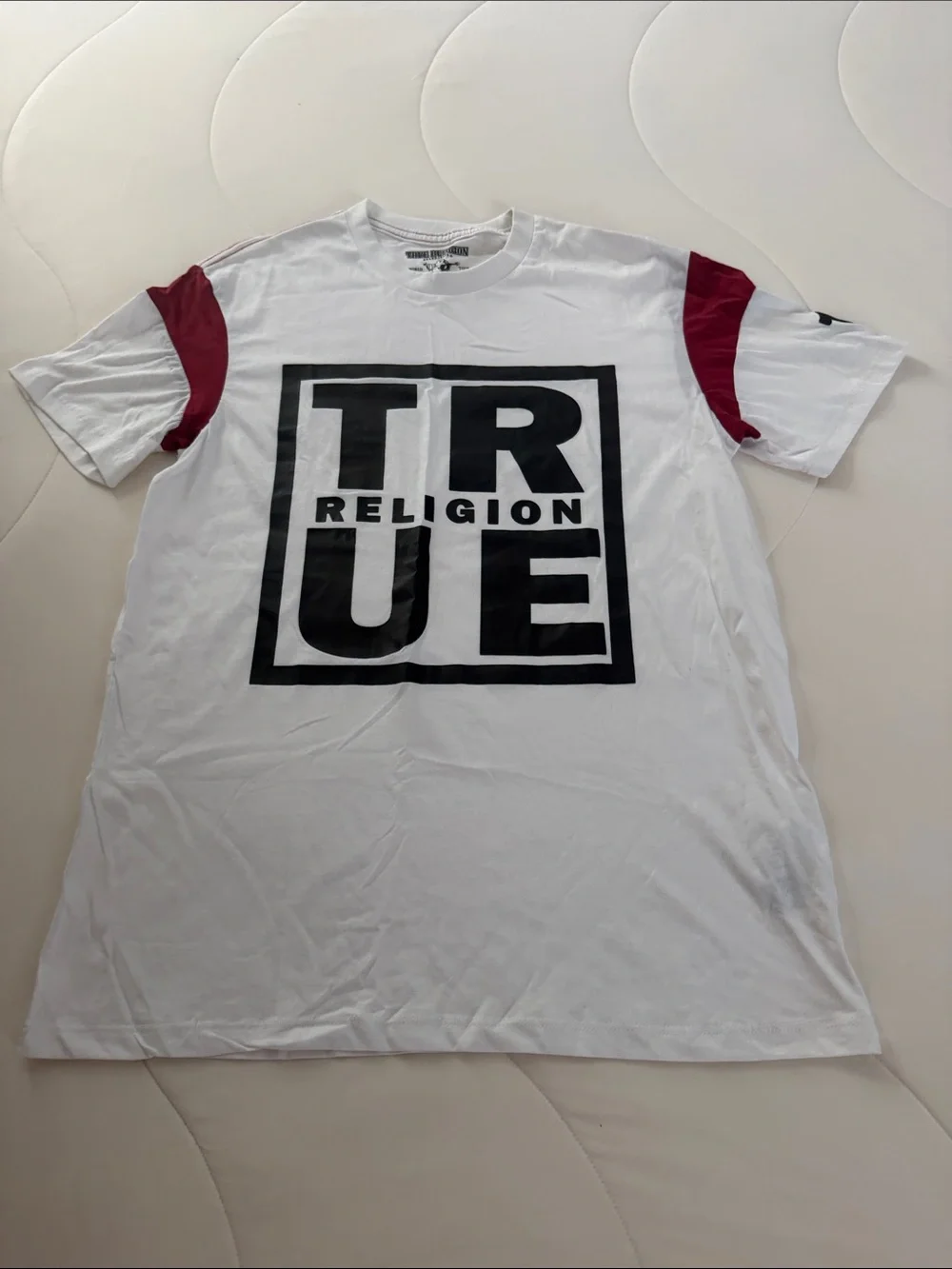True Religion White Tee with Black Logo and Red Sleeve Panels